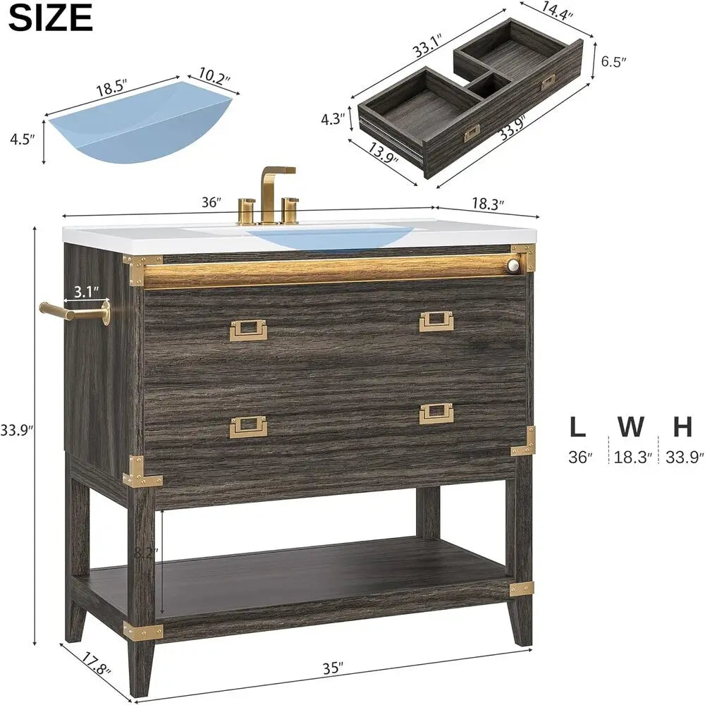 Ironck 36 Inch Wood Vanity With 2 Drawers Ceramic Sink