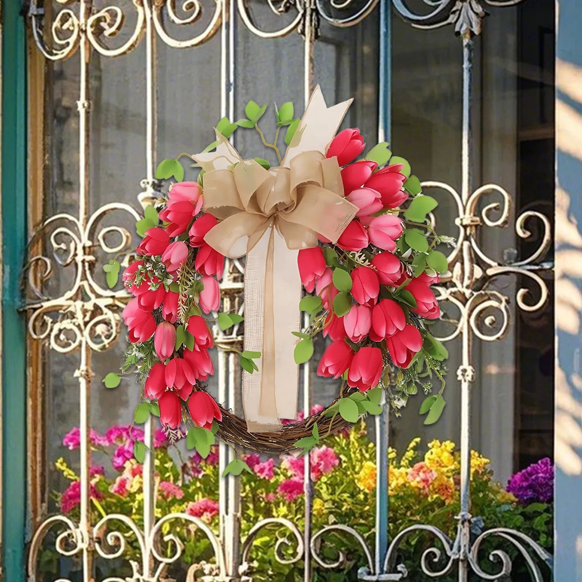 Valentine's Day Tulip Wreath for Front Door, 17.7 Inch Valentine Door Wreath Valentine's Wreaths Tulip Wreath with Red