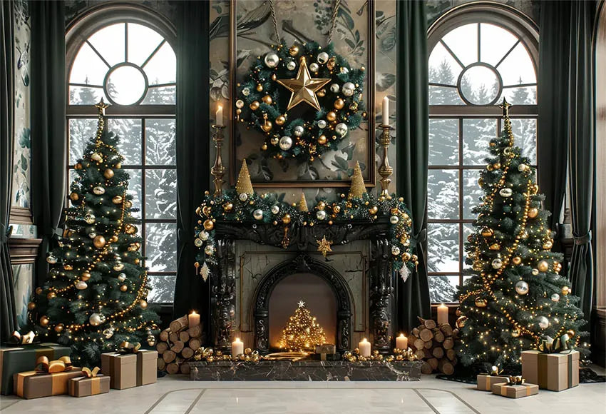 Mehofond Photography Backdrop Green Wall Christmas Trees For Kids Family Holiday Party Window Grunge Background Photo Studio