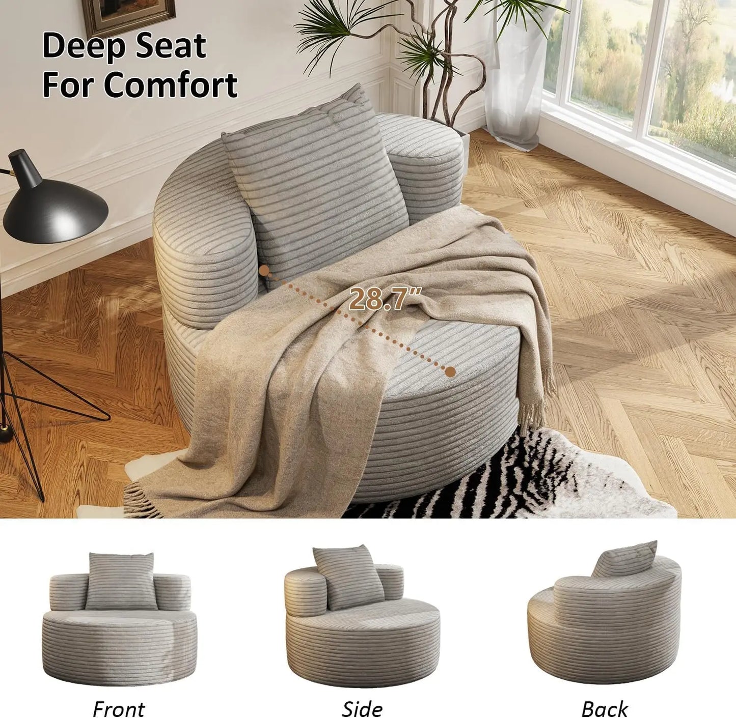 37.4" Oversized Boneless Chair Round, Chaise Lounge Boneless Accent Chair Indoor, Upholstered Corduroy Deep Seat Sofa Chair