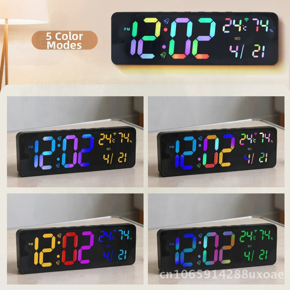 Summer Time Digital Wall Clock Bluetooth Smart Light-Sensing Snooze Alarm with Automatic Time Setting LED Display Thermometer