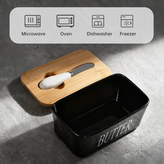Ceramic Butter Dish With Bamboo Lid Built In Knife And Butter Keeper