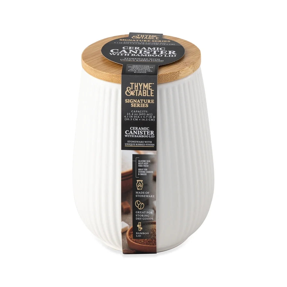 Ceramic Kitchen Canister With Bamboo Lid Airtight Seal Ribbed Design