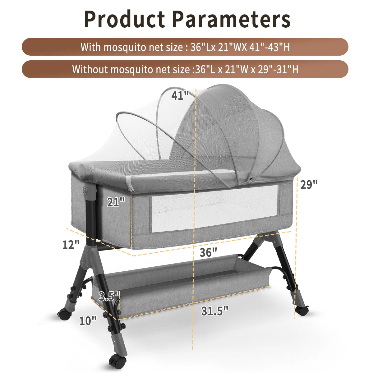 3-in-1 Adjustable Height Baby Bassinet Beside Sleeper Baby Easy Folding Bedside Bassinet Storage Basket、Mattress and Wheels