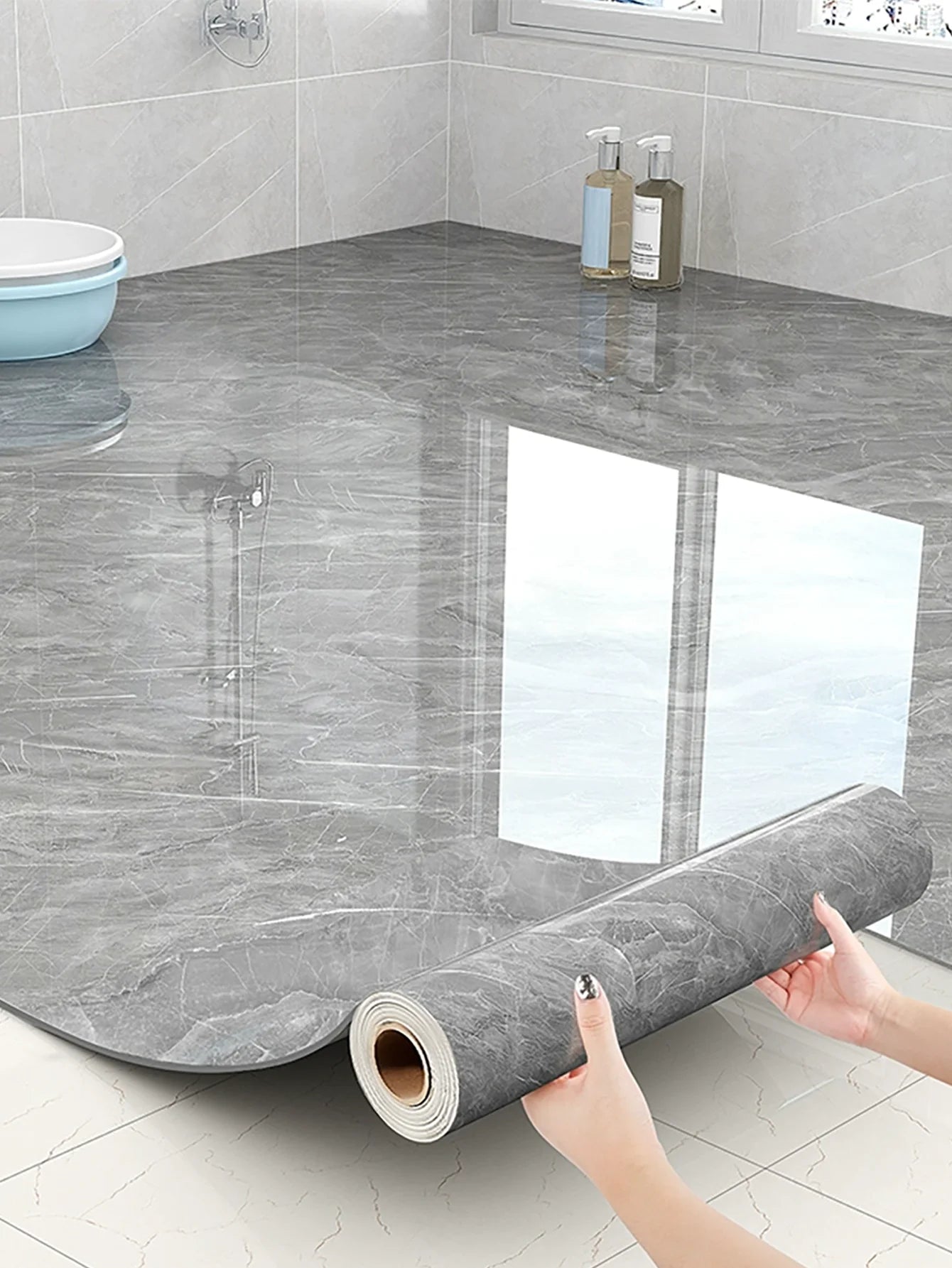 Imitation Marble Floor Tiles, Simple Self-Adhesive Wallpaper, DIY Peel and Stick, Waterproof, Non-Slip, Wear-Resistant Decorativ