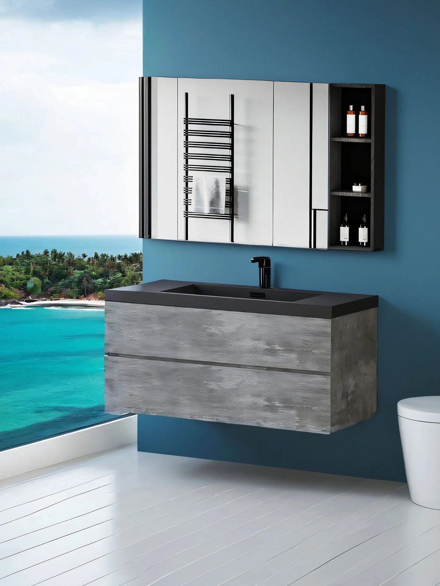 48 Inch Floating Vanity With Sink Black Quartz Top Storage