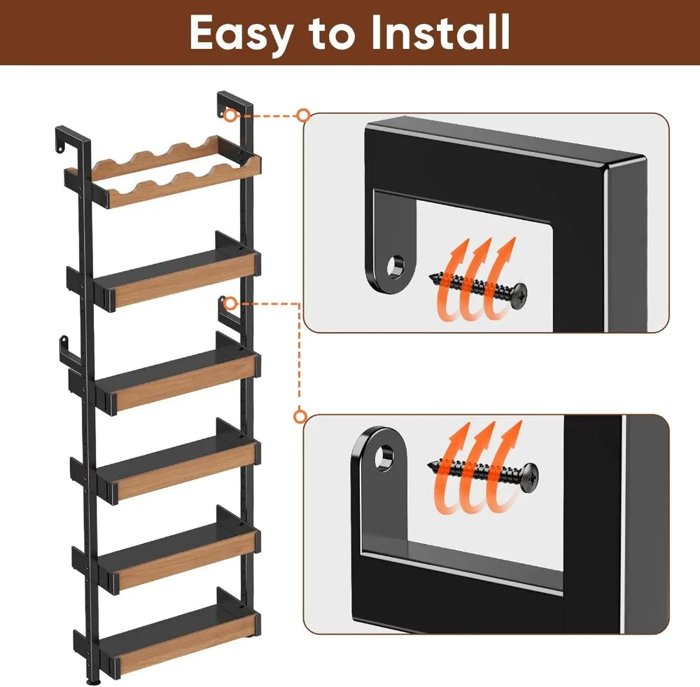 6-Tier Wall Mounted Wine Rack With Metal And Wood Shelves