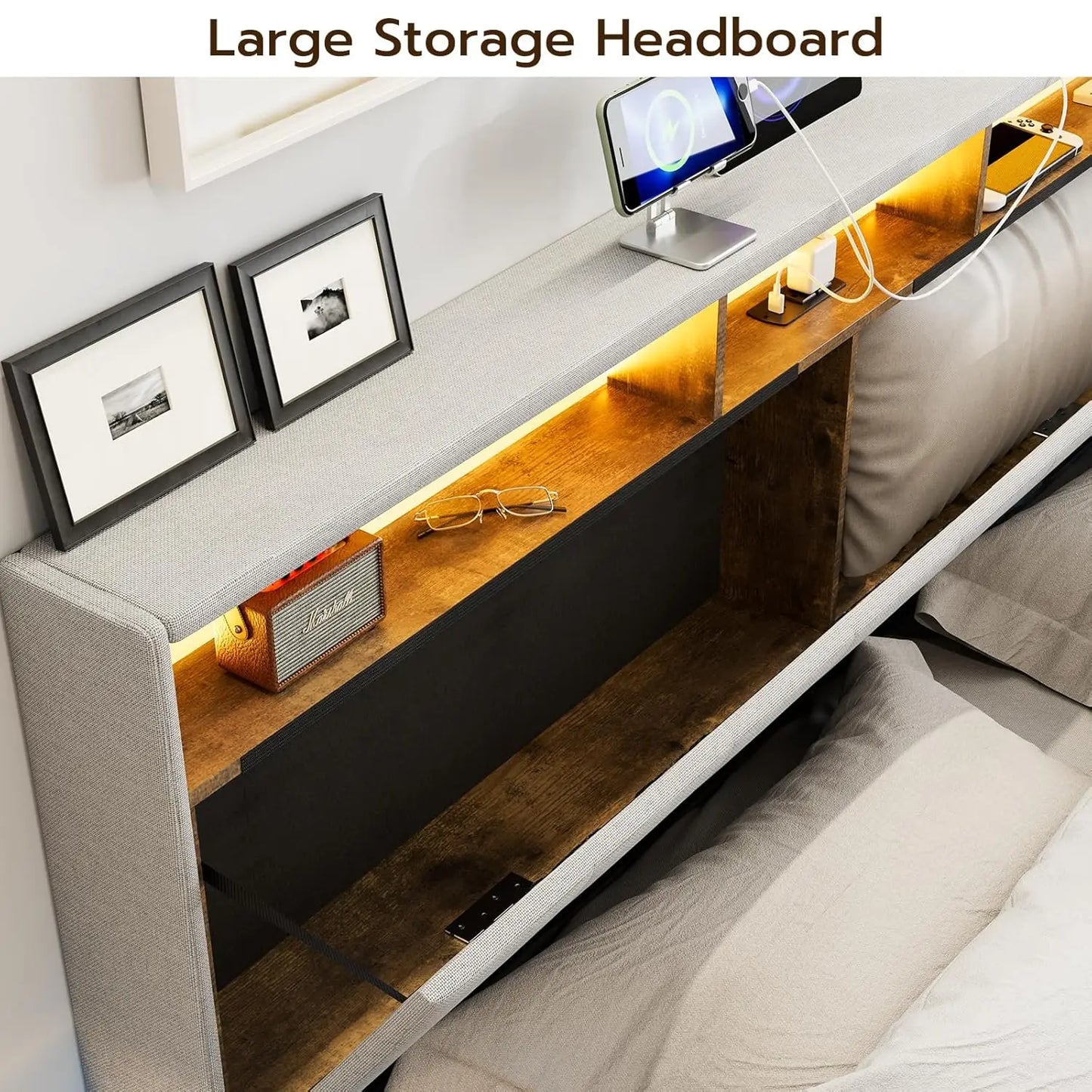 California King Bed Frames with 4 Drawers, Hidden Storage Headboard with LED Lights and Charging Station, Upholstered Cal King P