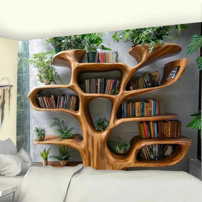 Tree Bookshelf Tapestry Natural Art Green Plants Forest Decor