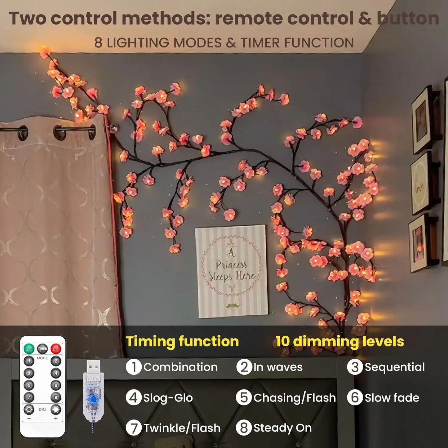Cherry LED Tree Branch Lights for Wall Cherry Blossom Willow Vine Twig Decor Garland Christmas Decorations Indoor Home Wall Door