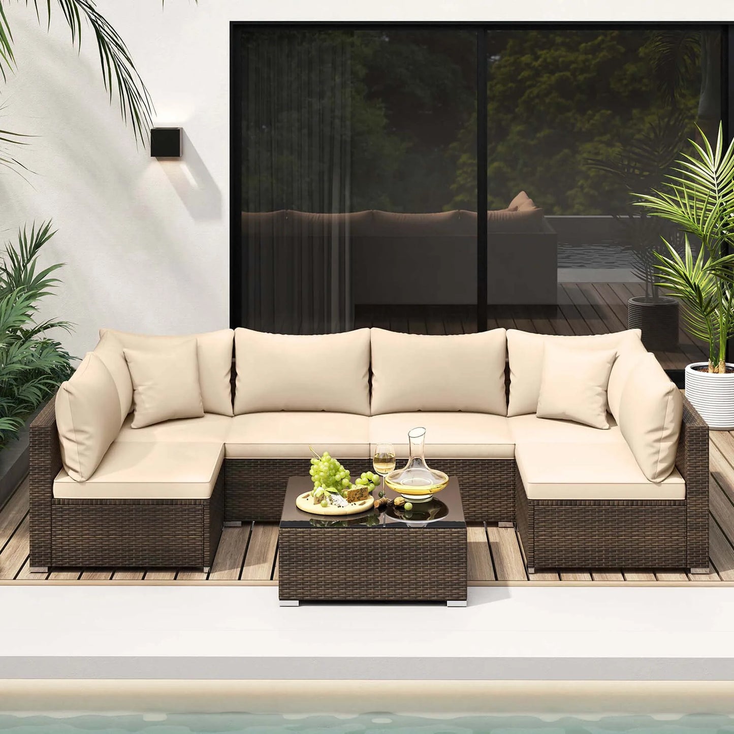 7 Pcs Patio Rattan Furniture Set Cushioned Sectional Sofa