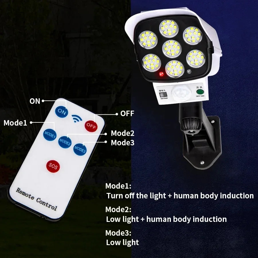 IWPI 77 LED Motion Sensor Solar Flood Light Decoy Camera