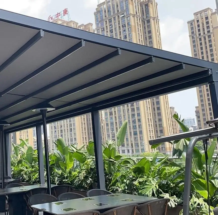 Custom size motorized waterproof sunproof retractable PVC pergola roof awning folding awnings motorized with LED for patio