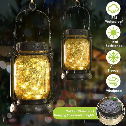 4 Pack Solar Hanging Lantern with Stakes, Outdoor Waterproof Solar Mason Jar Fairy String Lights Decorative Vintage Glass LampWa