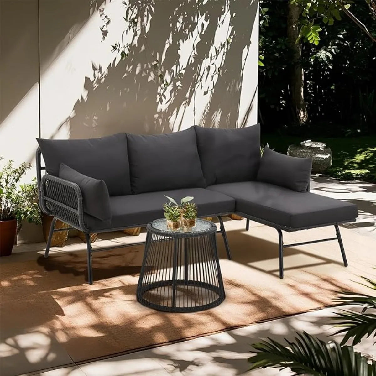 XIUWO Outdoor Patio Furniture Set L-Shaped Rattan Sofa With Table