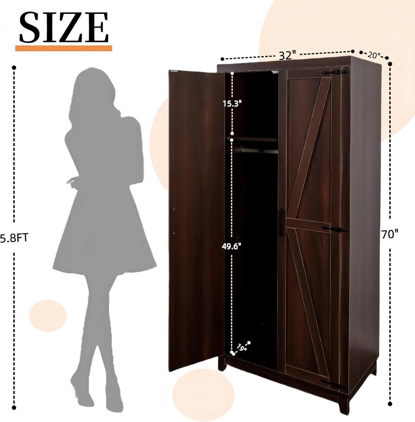 70" Tall Wardrobe Closet with Doors and Shelves, Hanging Clothes Storage Cabinet with Rods, Large Bedroom Armoire, Customized