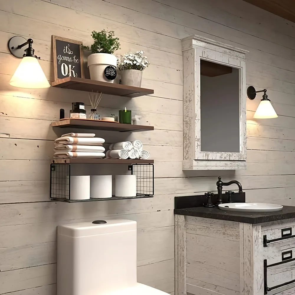 Triple Wood Wall Mounted Bathroom Shelves Storage Solution