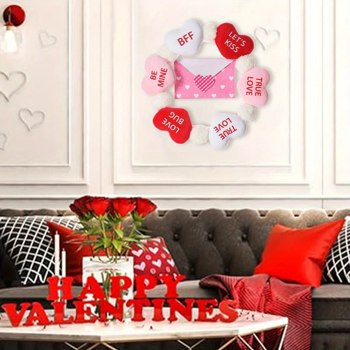 Valentine's Day Wreath with Envelope, 15.7 Inch Valentine Wreath Decorations for Front Door Indoor Outdoor Wall Window,