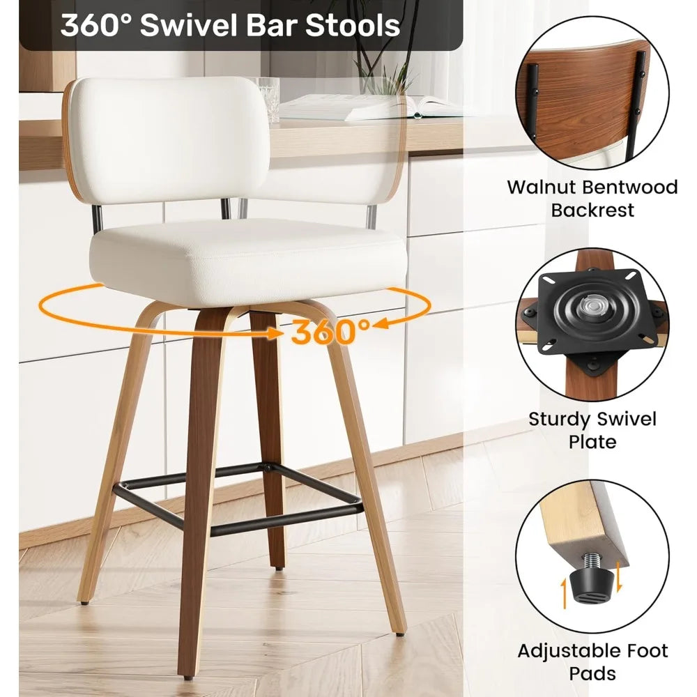 Bar Stools Set of 4, 26" Upholstered Faux Leather Counter Height Barstools with Walnut Back & Bentwood Legs, Mid Century