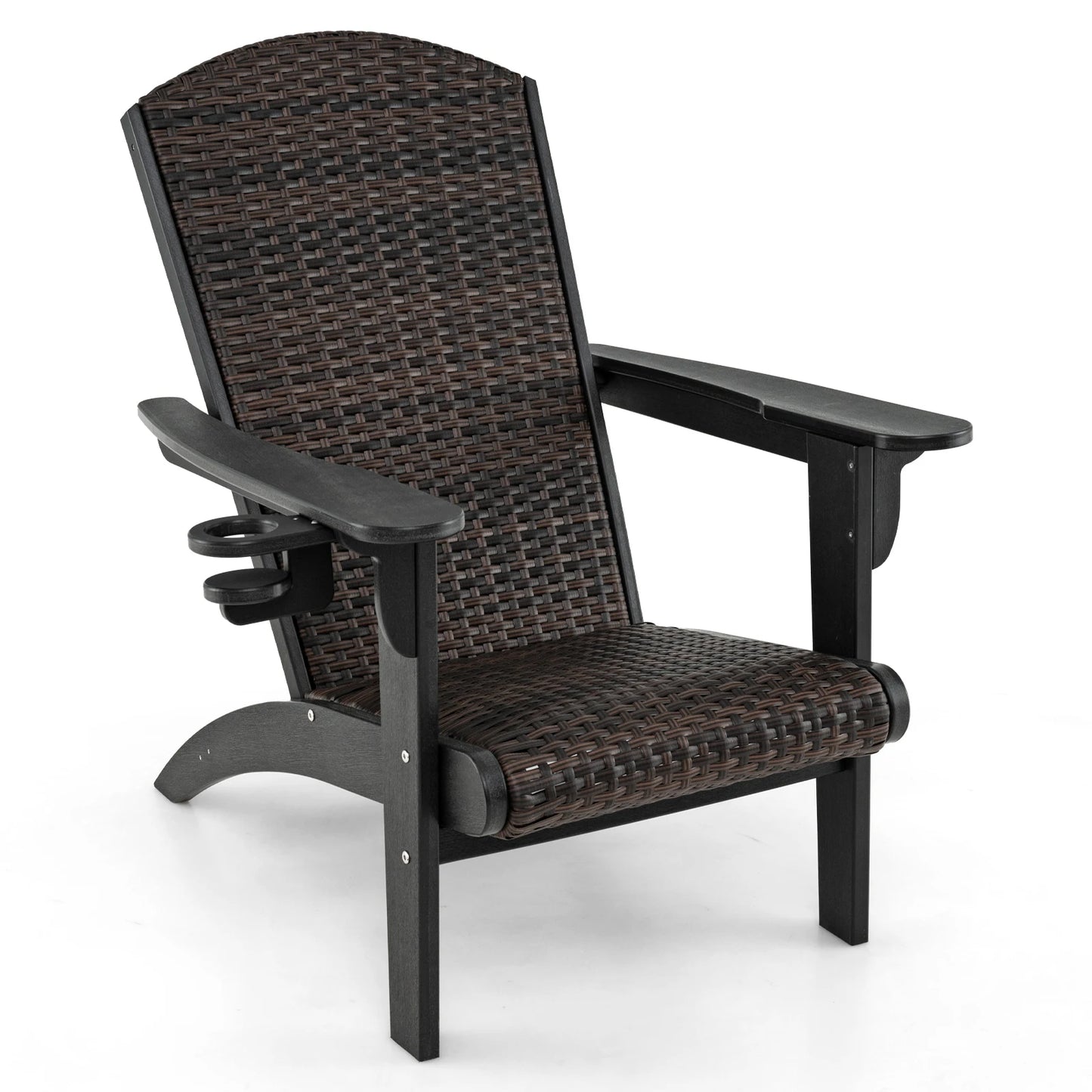 Patio Adirondack Chair w/ Rattan Padded Seat Wide Armrests & Hidden Cupholder