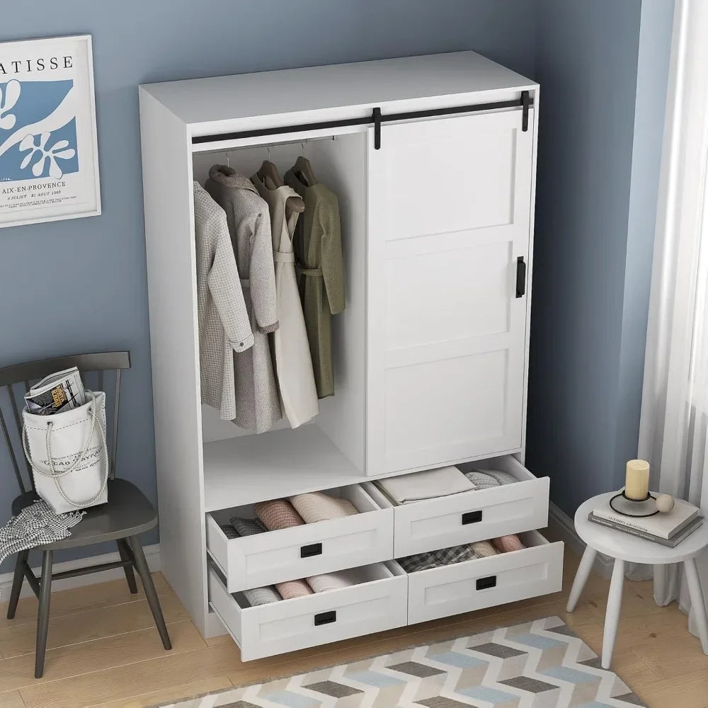Freestanding Wooden Armoire Wardrobe With Sliding Barn Door And Drawers