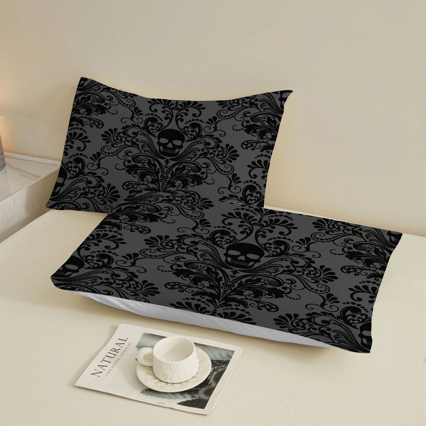 Skull Floral Design 3-Piece Bed Sheet Set - 100% Polyester, Digital Print, Breathable All-Season Fitted Sheet and Pillowcase Set