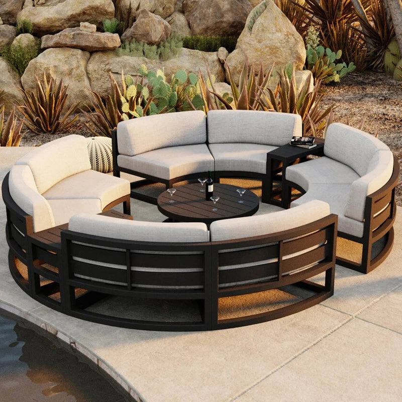 360° Round Outdoor Sofa Set - Deep Grey Aluminum Patio Furniture, Waterproof for Garden and Balcony