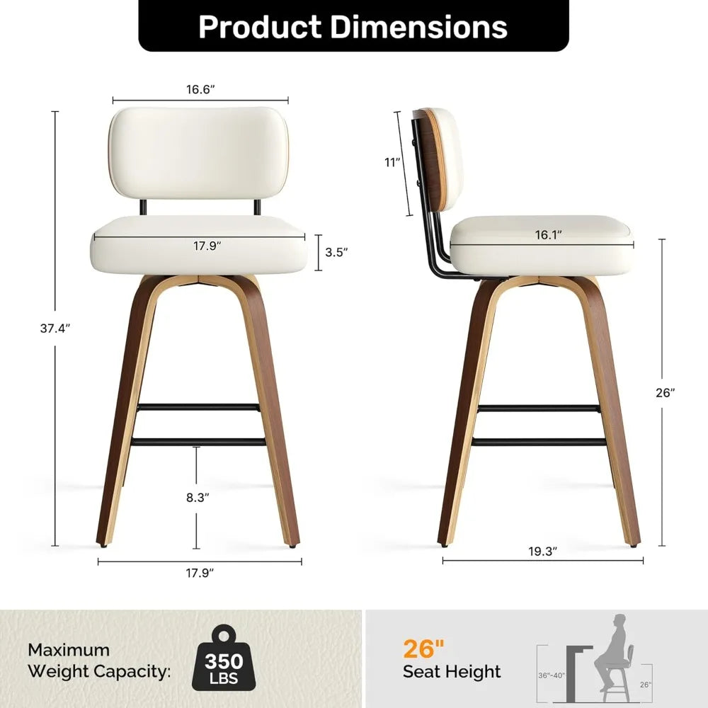 Bar Stools Set of 4, 26" Upholstered Faux Leather Counter Height Barstools with Walnut Back & Bentwood Legs, Mid Century