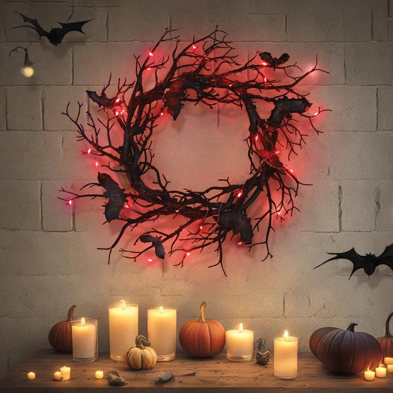 Halloween Wreath For Front Door Artificial Wreath Bat Black Branch Wreaths With LED Light Window Home Decor Halloween Decoration