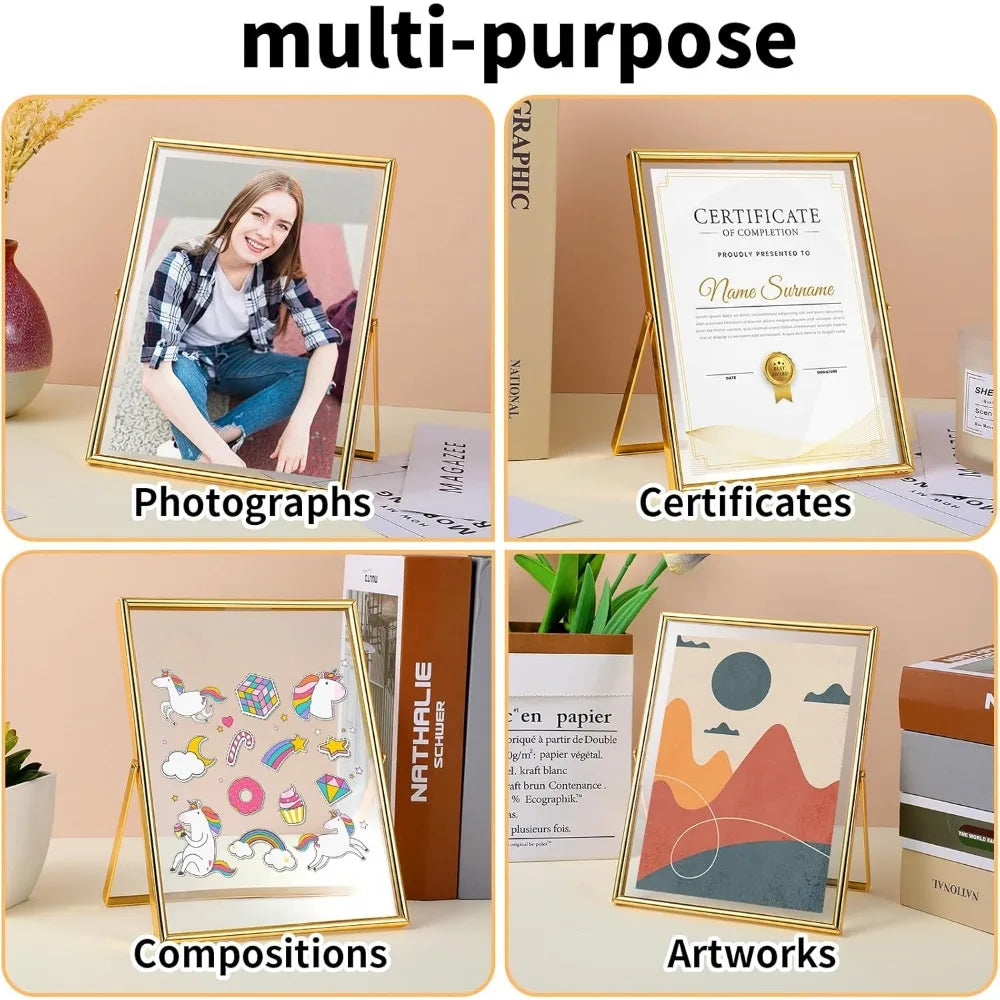 2 Pack Gold Frame Floating Picture Frame, Tempered Glass Frame, for Tabletop Display, Gold Metal Display Frames, for Multi Size
