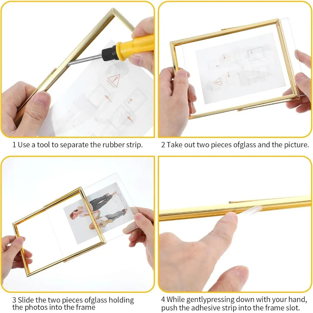 2 Pack Gold Frame Floating Picture Frame, Tempered Glass Frame, for Tabletop Display, Gold Metal Display Frames, for Multi Size