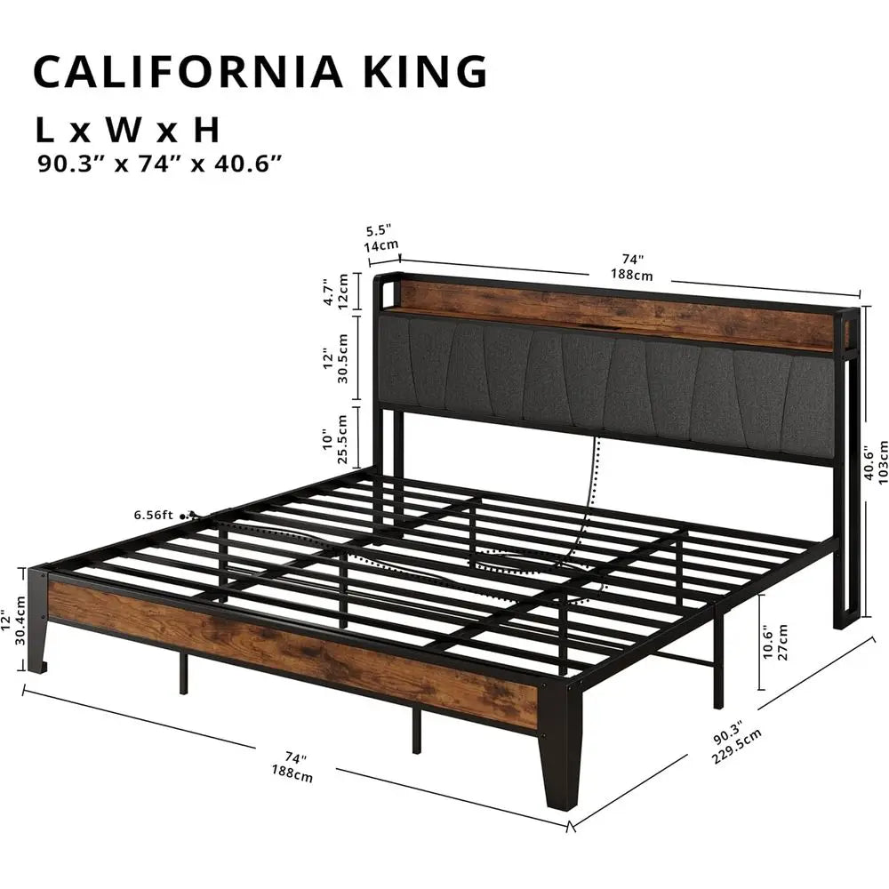 California King Bed Frames, Storage Headboard with Charging Station, Solid and Stable, Noise Free, No Box Spring Needed, Easy As