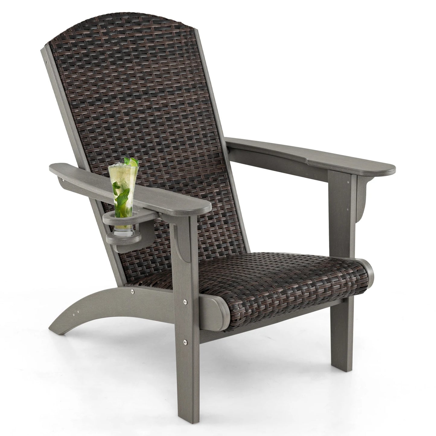 Patio Adirondack Chair w/ Rattan Padded Seat Wide Armrests & Hidden Cupholder