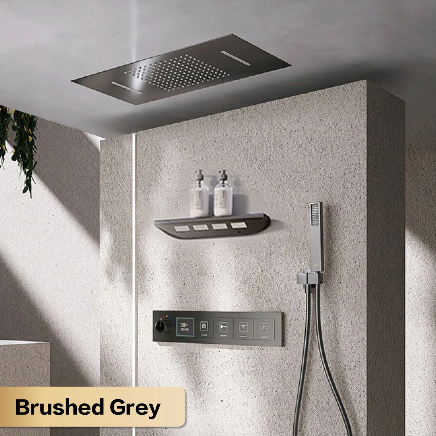 Gun gray brass ceiling constant temperature shower system embedded design LED digital display cold and hot water bathroom mixer