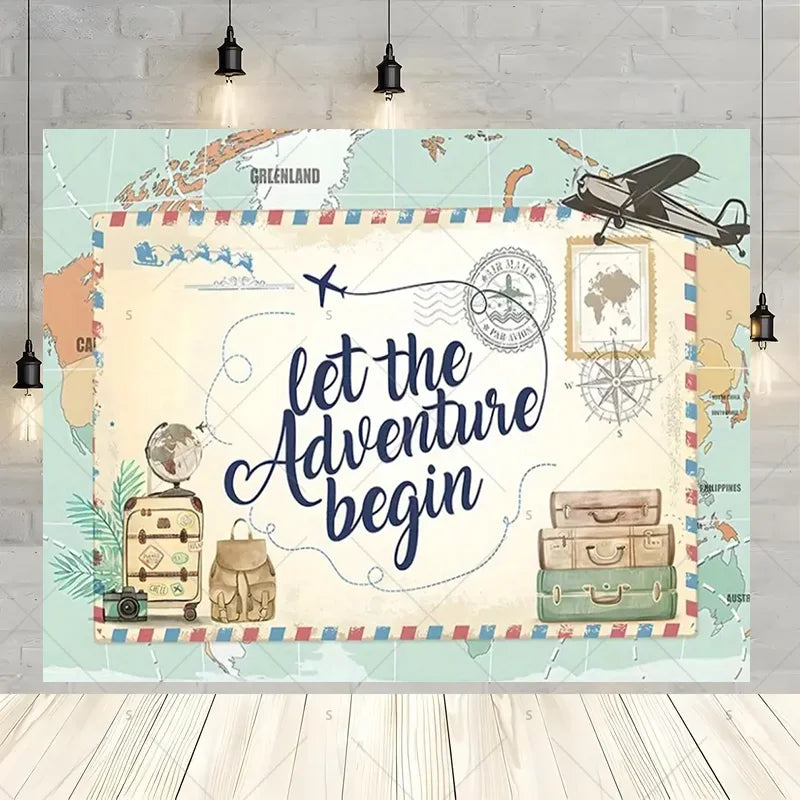 Let The Adventure Begin World Airplane Graduation Backdrop