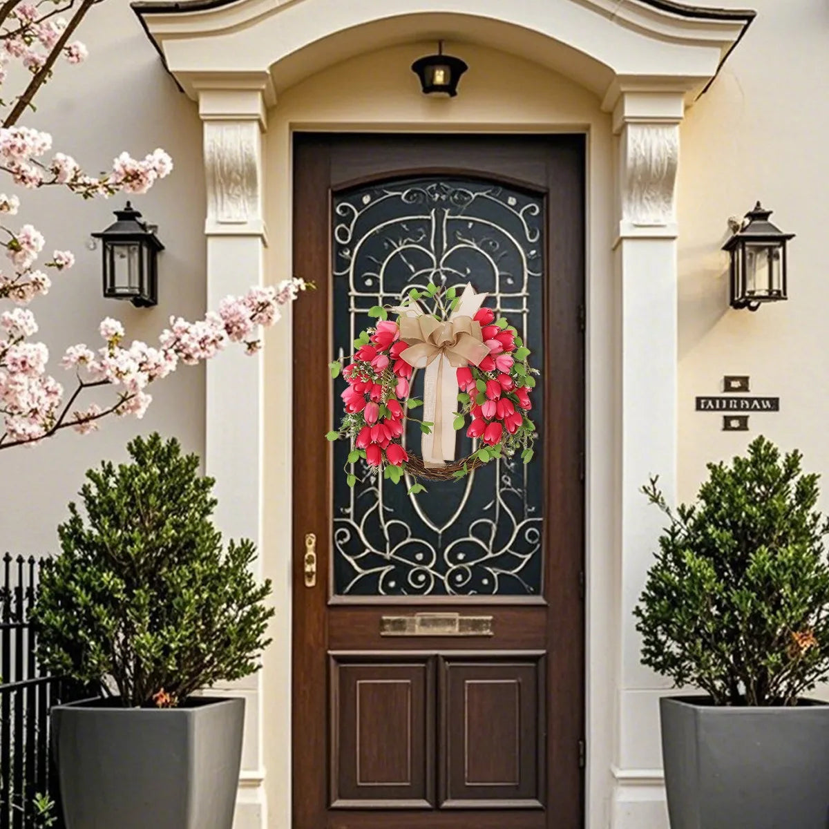Valentine's Day Tulip Wreath for Front Door, 17.7 Inch Valentine Door Wreath Valentine's Wreaths Tulip Wreath with Red