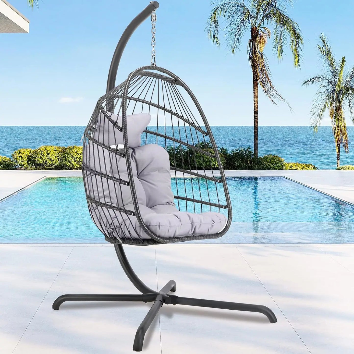 Outdoor Self Standing Egg Chair With Stand Wicker Rattan Hammock