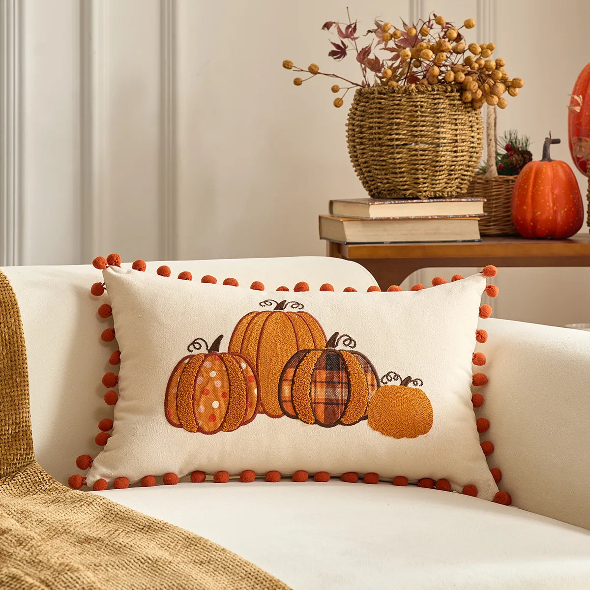 Halloween Tufted Throw Pillow Cover Thanksgiving Maple Pumpkin Square Cushion Cover for Home Living Room Party DIY Fall Decor