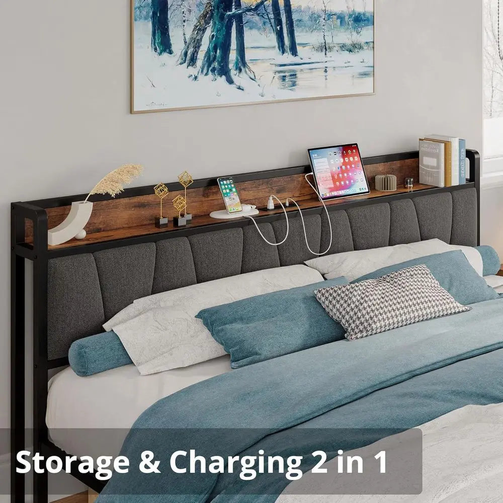 California King Bed Frames, Storage Headboard with Charging Station, Solid and Stable, Noise Free, No Box Spring Needed, Easy As