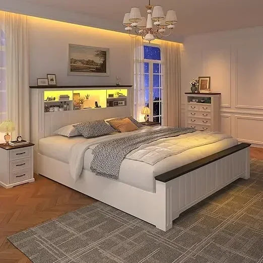 flash sale Bestsellerenhomee full size bed frame with headboard, full bed frame with 4 drawers charging port & led, farmhouse be