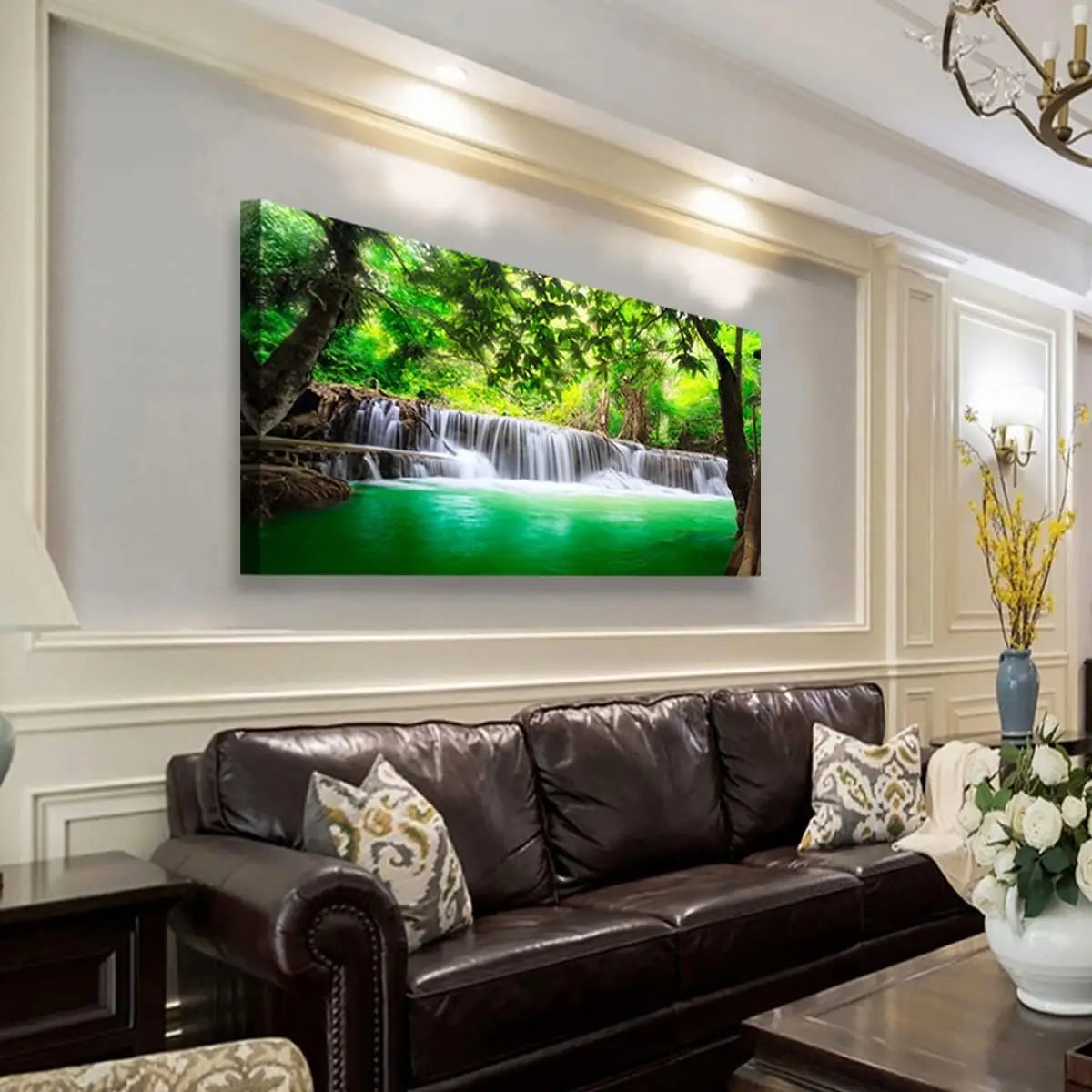 Waterfall Tree Landscape Canvas Wall Art, 50x100cm Framed Painting for Living Room Decor, Waterproof Ready to Hang