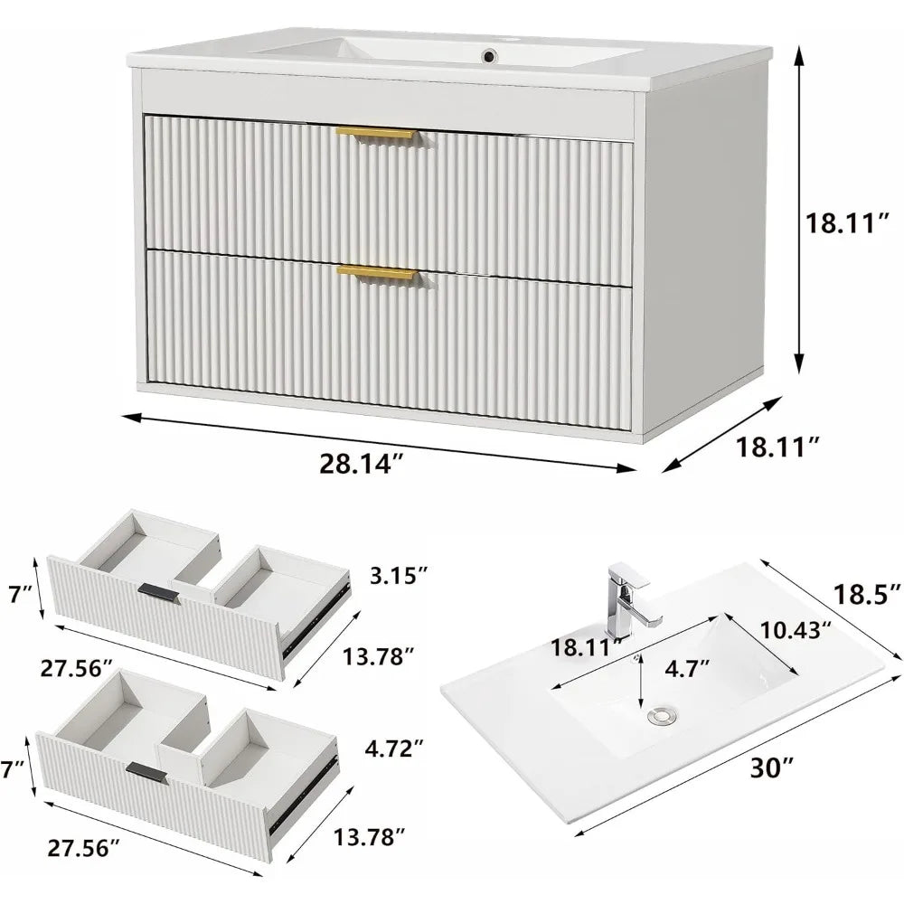 Thirty Inch Floating Vanity With Ceramic Sink 2 Drawers
