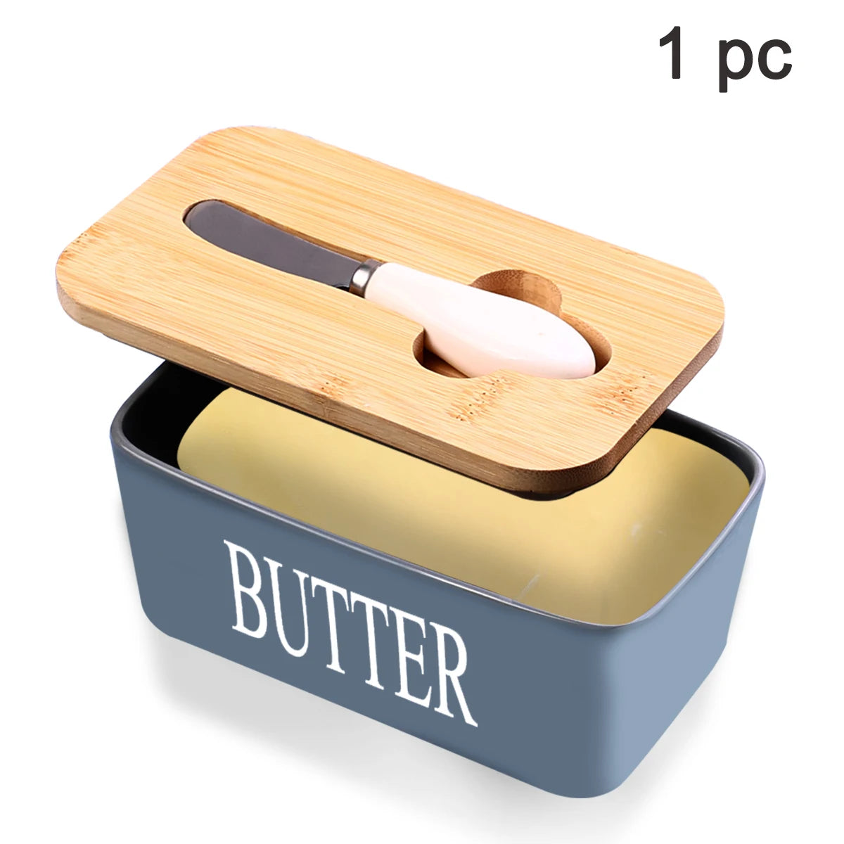 Ceramic Butter Dish With Bamboo Lid Built In Knife And Butter Keeper
