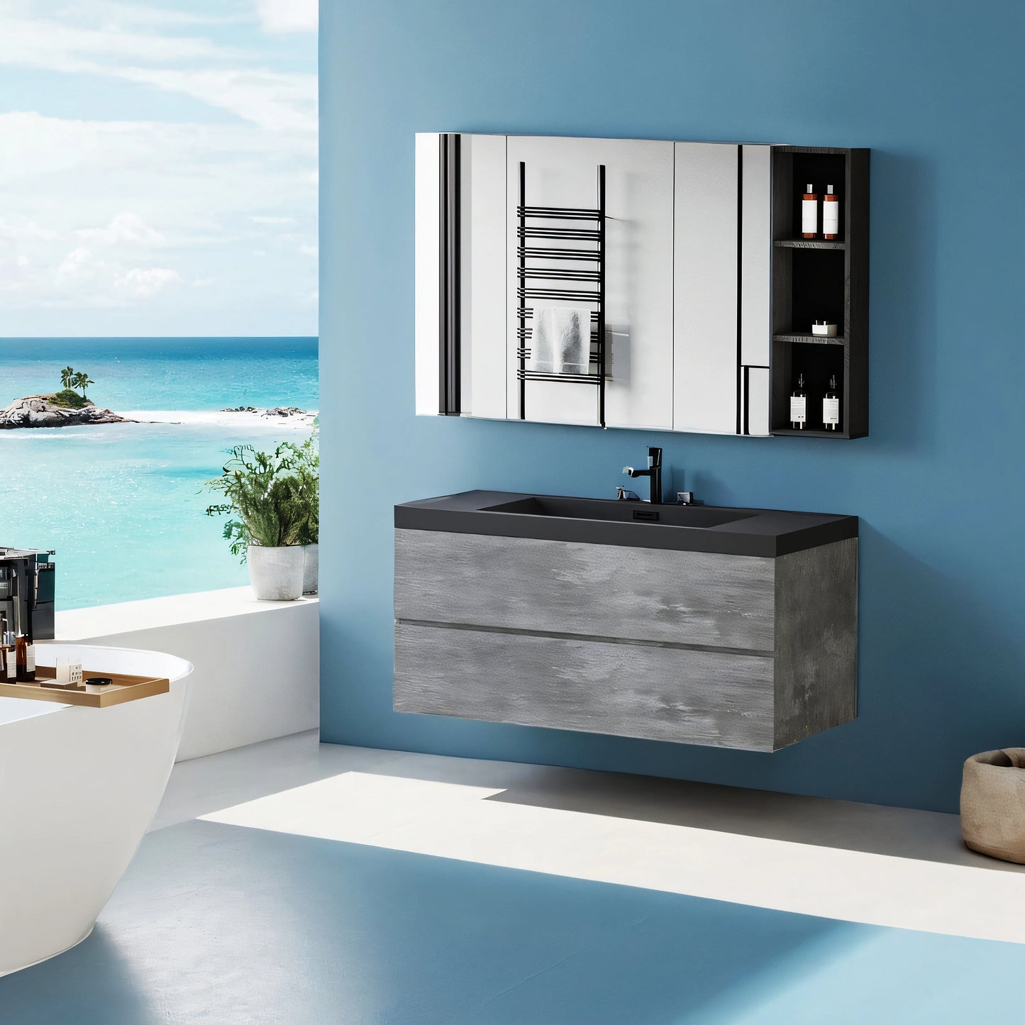 48 Inch Floating Vanity With Sink Black Quartz Top Storage