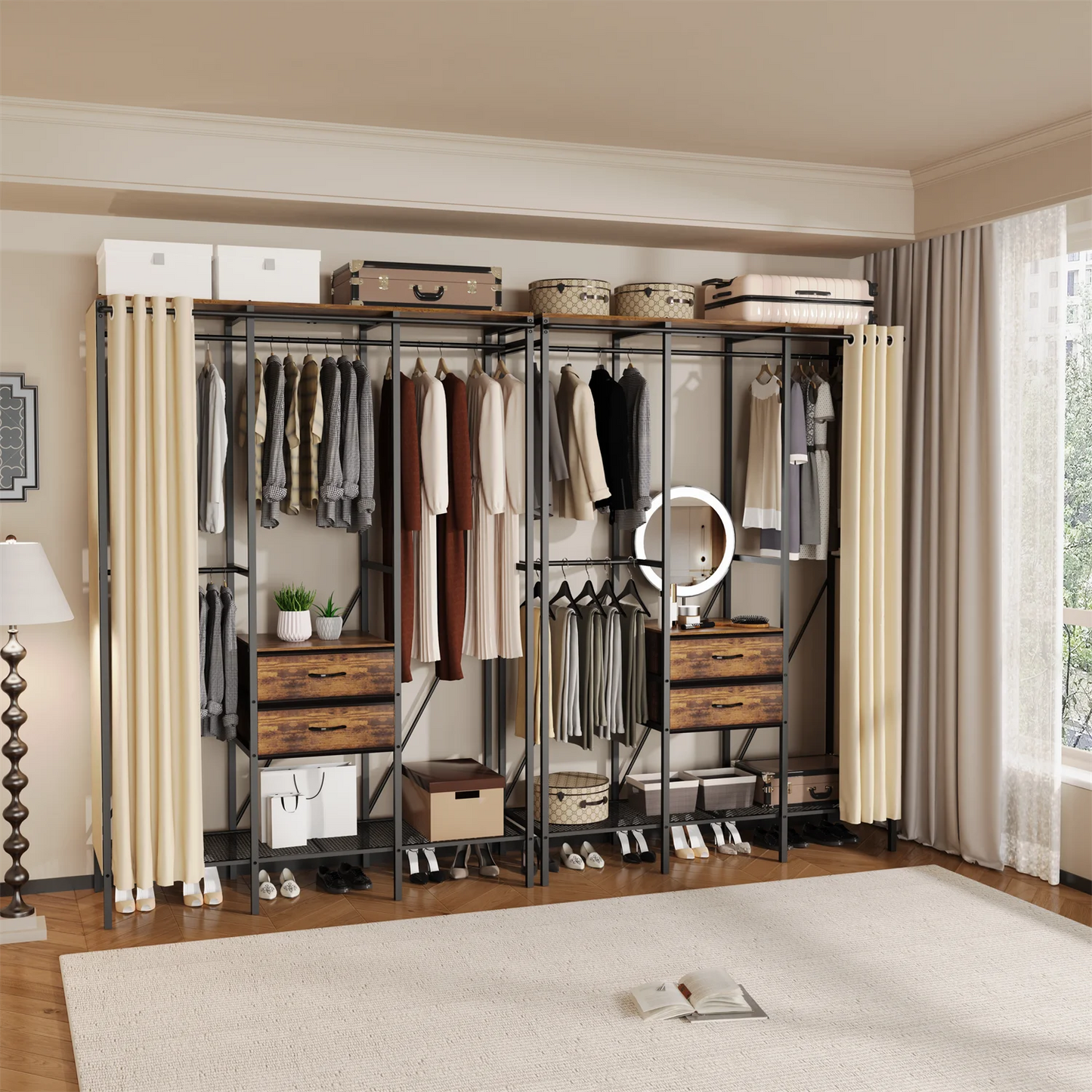 Industrial Coat Rack Stand With Two-Drawer Wardrobe Shelves