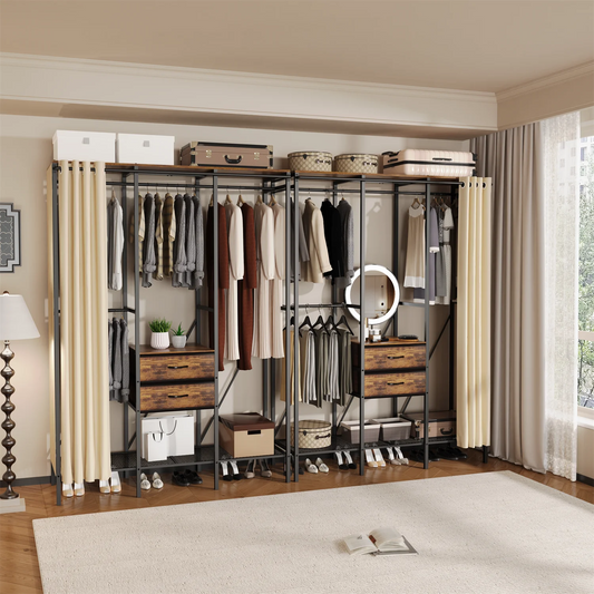 Industrial Coat Rack Stand With Two-Drawer Wardrobe Shelves
