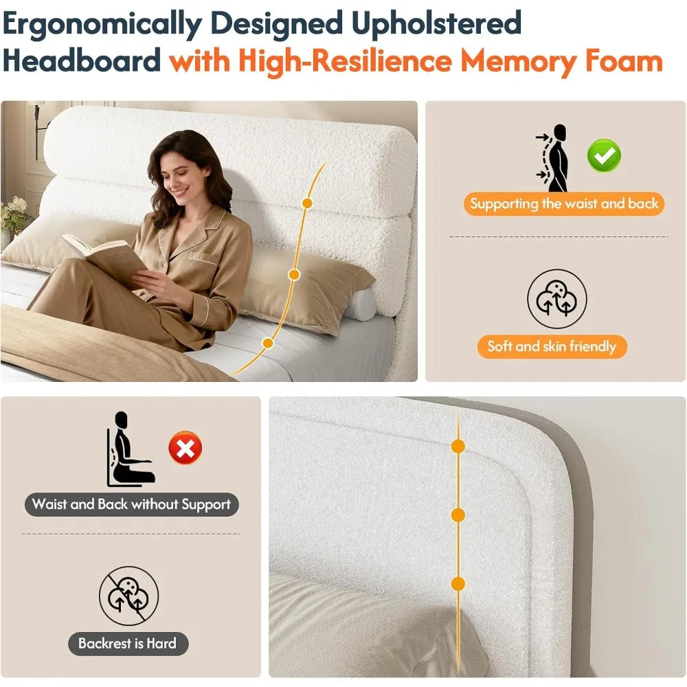 California King Boucle Bed Frame with Headboard, Upholstered Platform Bed, No Box Spring Required, Easy Assembly
