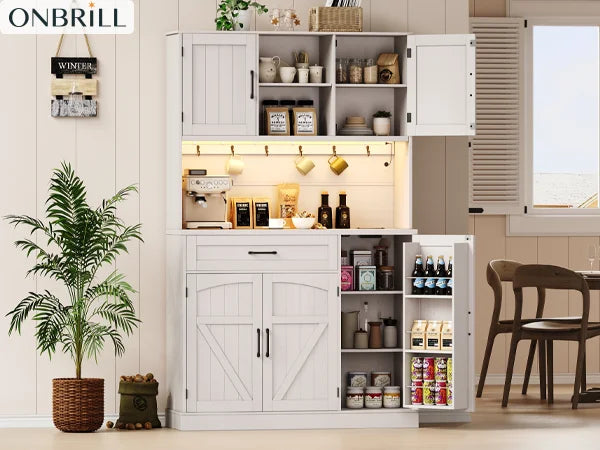 Onbrill Pantry Cabinet With LED Light And Outlet Storage