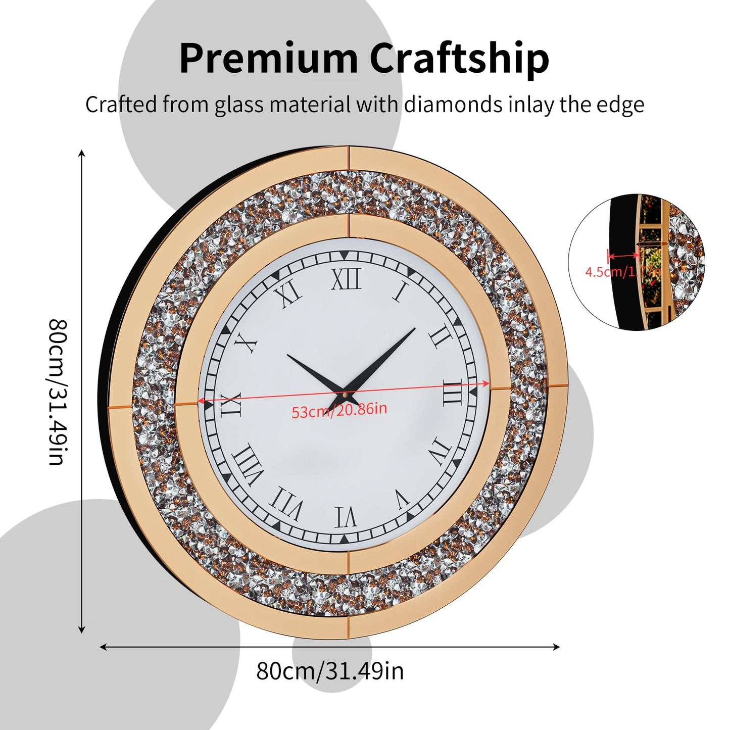 Glam Sparkle Bling Silver Round Mirror Wall Clock Decor