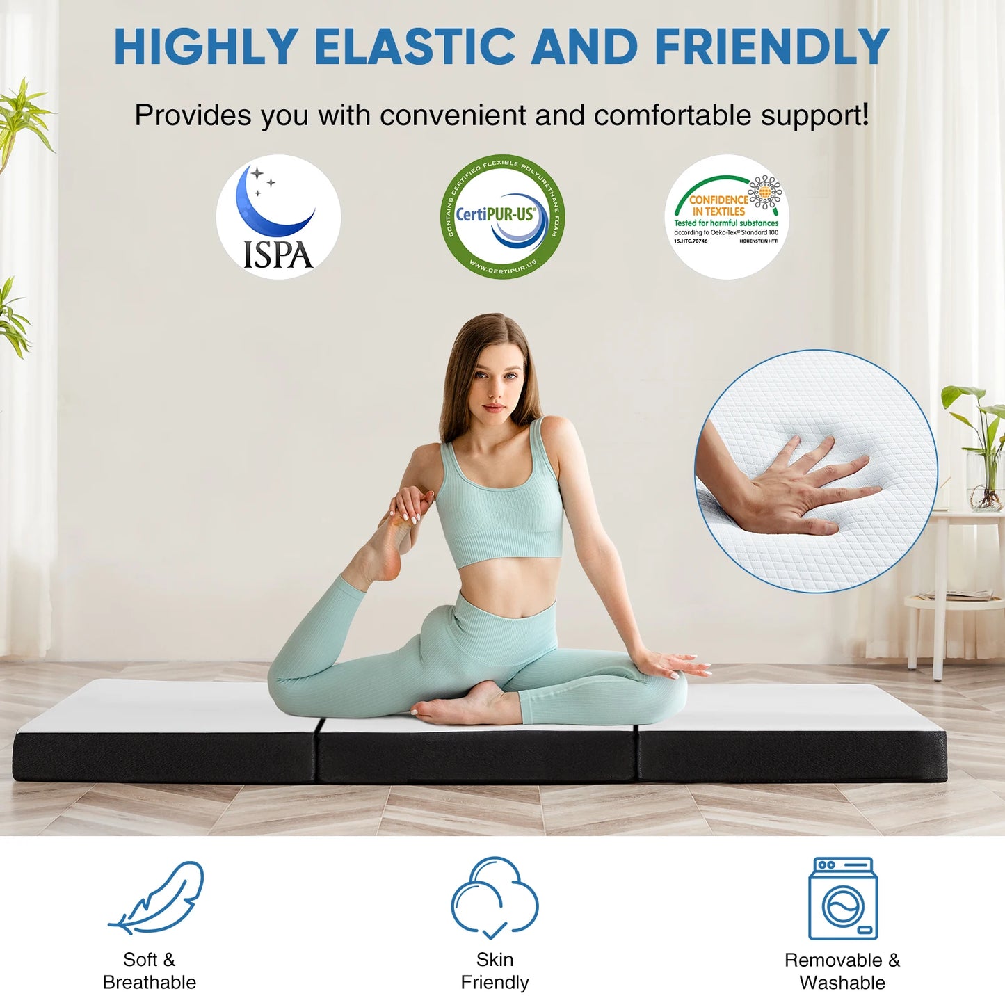 MCQ Foldable Tri-fold Mattress 3 Inch Portable Soft Bed Pad Collapsible and Washable Cover with CertiPUR-US Certified for Home